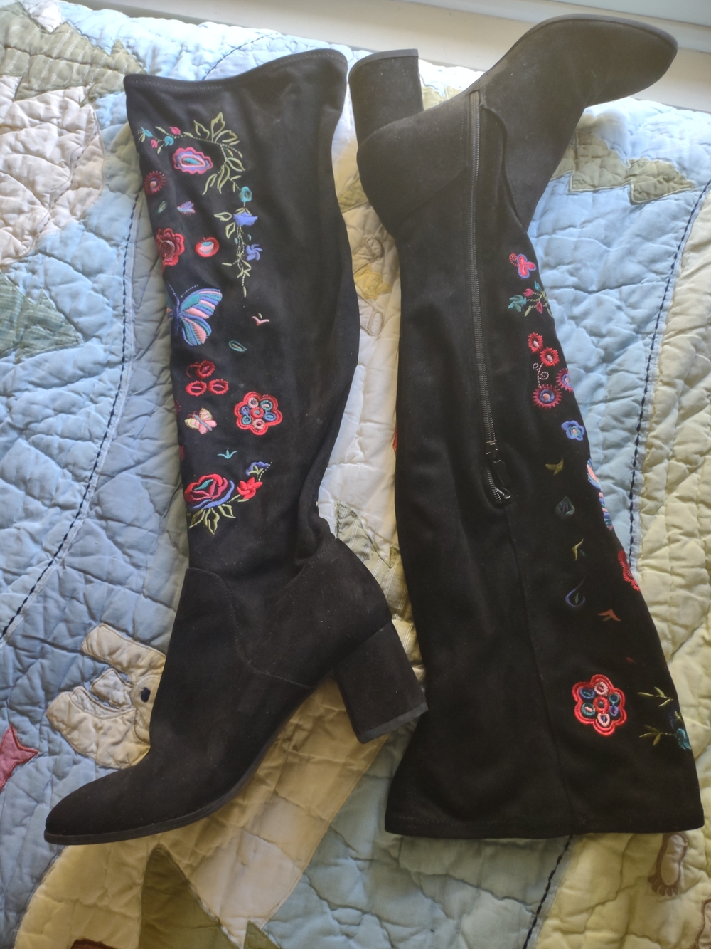 Black Embroidered Knee-High Women's Boots